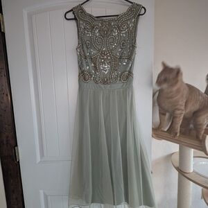 Embellished Sage Green Midi Dress with Beaded Bodice